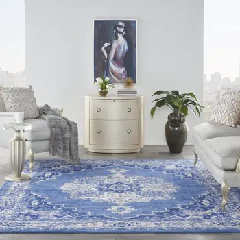 7' X 10' Ivory Navy Blue and Beige Floral Medallion Distressed Non Skid Area Rug