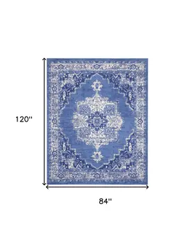 7' X 10' Ivory Navy Blue and Beige Floral Medallion Distressed Non Skid Area Rug