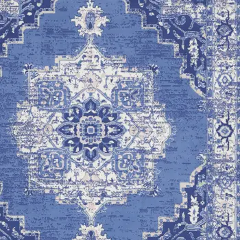 7' X 10' Ivory Navy Blue and Beige Floral Medallion Distressed Non Skid Area Rug