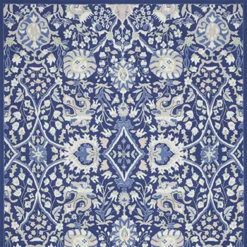 7' X 10' Navy Blue Ivory and Beige Floral Distressed Non Skid Area Rug