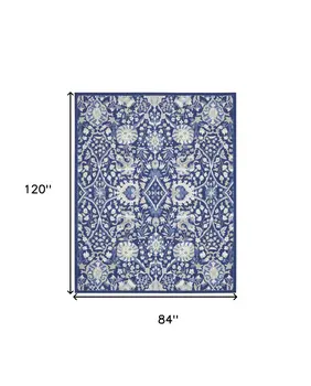 7' X 10' Navy Blue Ivory and Beige Floral Distressed Non Skid Area Rug