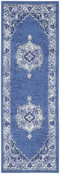 8' Ivory Navy Blue and Beige Floral Medallion Distressed Non Skid Runner Rug