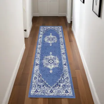 8' Ivory Navy Blue and Beige Floral Medallion Distressed Non Skid Runner Rug