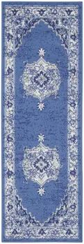 8' Ivory Navy Blue and Beige Floral Medallion Distressed Non Skid Runner Rug