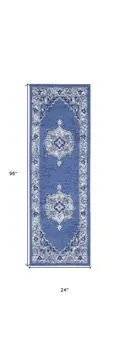 8' Ivory Navy Blue and Beige Floral Medallion Distressed Non Skid Runner Rug