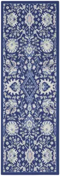 8' Navy Blue Ivory and Beige Floral Distressed Non Skid Runner Rug