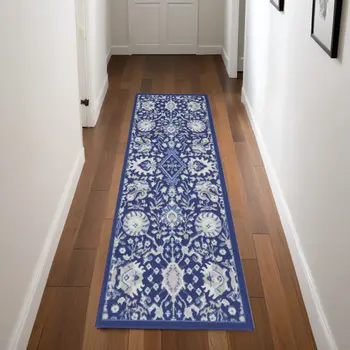 8' Navy Blue Ivory and Beige Floral Distressed Non Skid Runner Rug