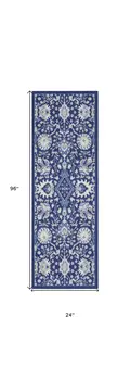 8' Navy Blue Ivory and Beige Floral Distressed Non Skid Runner Rug