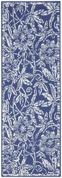 8' Ivory and Navy Blue Floral Distressed Non Skid Runner Rug