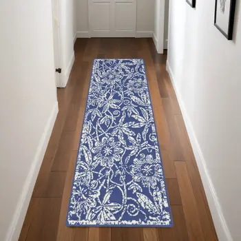8' Ivory and Navy Blue Floral Distressed Non Skid Runner Rug
