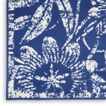 8' Ivory and Navy Blue Floral Distressed Non Skid Runner Rug