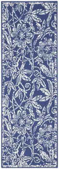 8' Ivory and Navy Blue Floral Distressed Non Skid Runner Rug