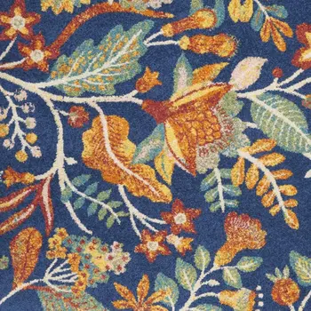 8' Ivory and Navy Blue Floral Distressed Non Skid Runner Rug
