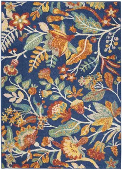 8' Ivory and Navy Blue Floral Distressed Non Skid Runner Rug