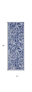 8' Ivory and Navy Blue Floral Distressed Non Skid Runner Rug