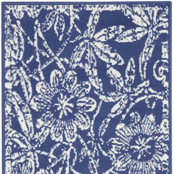 8' Ivory and Navy Blue Floral Distressed Non Skid Runner Rug