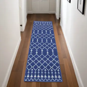 8' Navy Blue and Ivory Moroccan Distressed Non Skid Runner Rug