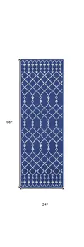 8' Navy Blue and Ivory Moroccan Distressed Non Skid Runner Rug