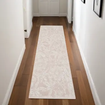 8' Pink and Ivory Tropical Floral Distressed Non Skid Runner Rug