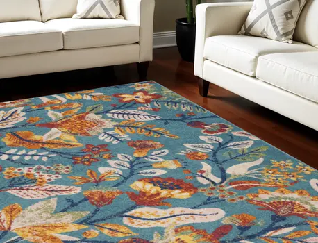 8' X 10' Aqua Floral Power Loom Area Rug