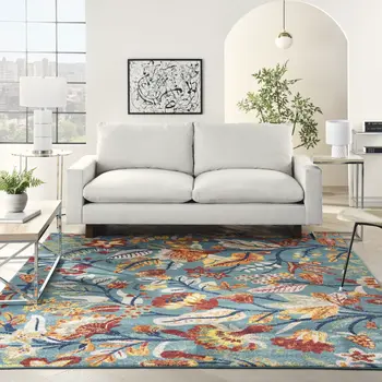 8' X 10' Aqua Floral Power Loom Area Rug