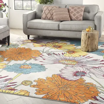 8' X 10' Ivory Blue and Orange Floral Power Loom Area Rug