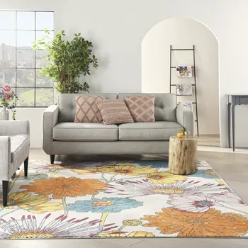 8' X 10' Ivory Blue and Orange Floral Power Loom Area Rug