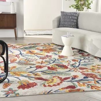 8' X 10' Cream Floral Power Loom Area Rug