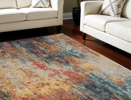 7' X 10' Blue Ivory and Orange Abstract Non Skid Area Rug