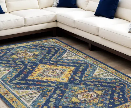 8' X 10' Blue and Yellow Oriental Power Loom Area Rug