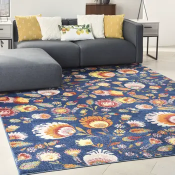 8' X 10' Navy Blue Floral Power Loom Area Rug