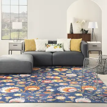 8' X 10' Navy Blue Floral Power Loom Area Rug