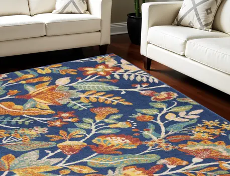 8' X 10' Navy Blue Floral Power Loom Area Rug