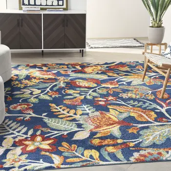 8' X 10' Navy Blue Floral Power Loom Area Rug