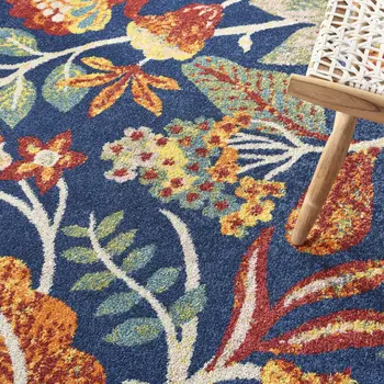 8' X 10' Navy Blue Floral Power Loom Area Rug