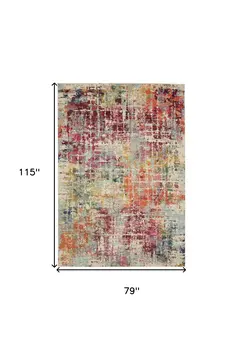 7' X 10' Ivory Red and Pink Abstract Distressed Non Skid Area Rug