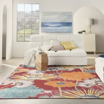 8' X 10' Orange and Red Tropical Floral Power Loom Area Rug