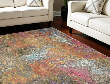 7' X 10' Blue and Orange Abstract Non Skid Area Rug