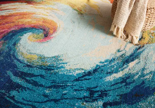 7' X 10' Ivory Blue and Orange Abstract Non Skid Area Rug