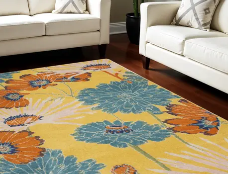 8' X 10' Yellow Tropical Floral Power Loom Area Rug