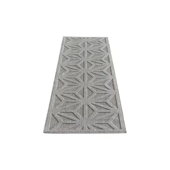 10' Light Gray And Gray Geometric Indoor Outdoor Runner Rug