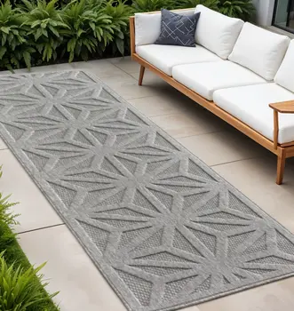 10' Light Gray And Gray Geometric Indoor Outdoor Runner Rug