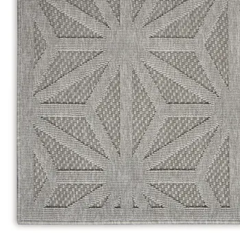 10' Light Gray And Gray Geometric Indoor Outdoor Runner Rug