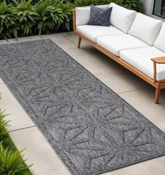 10' Dark Gray And Light Gray Geometric Indoor Outdoor Runner Rug