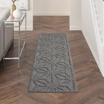 10' Dark Gray And Light Gray Geometric Indoor Outdoor Runner Rug