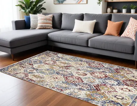 9' X 12' Blue Red and Orange Floral Distressed Non Skid Area Rug
