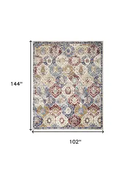 9' X 12' Blue Red and Orange Floral Distressed Non Skid Area Rug