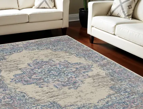 9' X 12' Ivory and Blue Floral Medallion Distressed Non Skid Area Rug