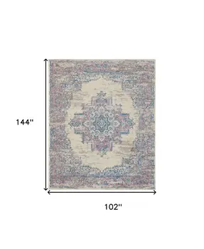 9' X 12' Ivory and Blue Floral Medallion Distressed Non Skid Area Rug