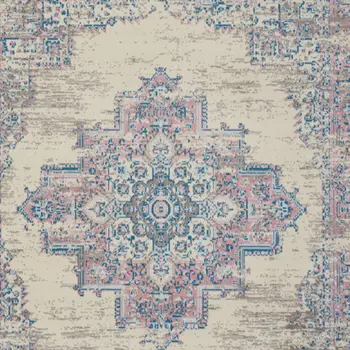 9' X 12' Ivory and Blue Floral Medallion Distressed Non Skid Area Rug